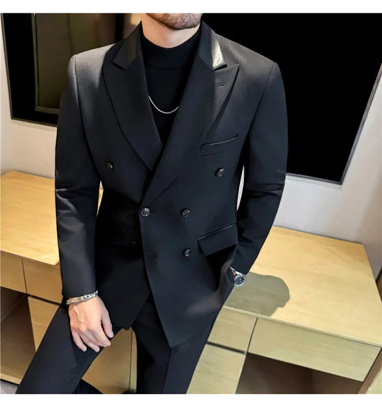 (1 Pcs Jackets) New Thicken Thicken Striped Casual Suit Jacket Fashion Splicing Leather Neck Men's Business Slim Blazers Tuxedos