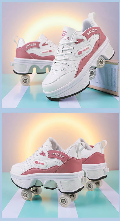 Deformation Shoes Roller Sneakers With 4 Wheels Skates Adult Kids Runaway Parkour Wheels Shoes For Women Men Youth Sport Shoes