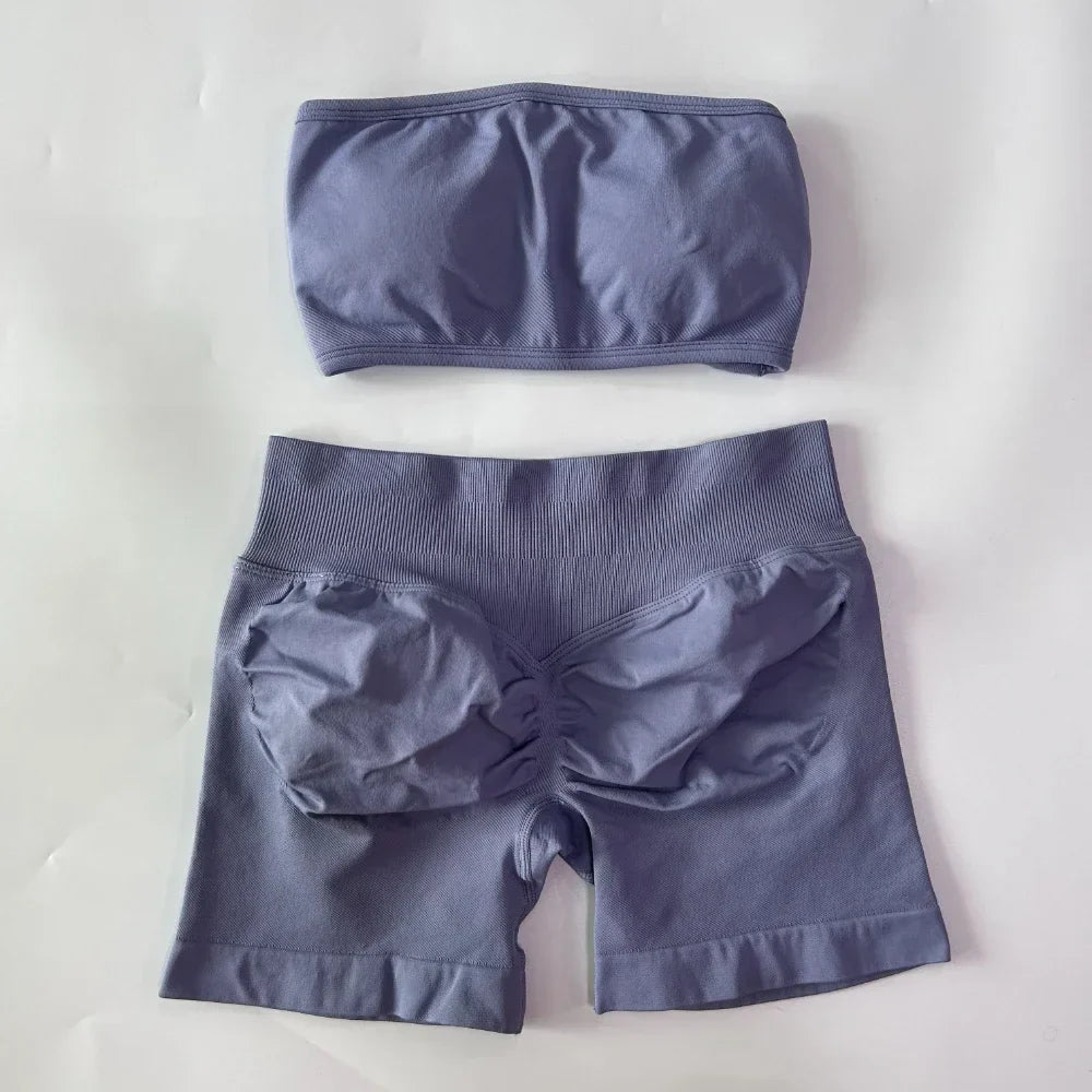 No Logo Women 2 Pieces Yoga Set Backless Bandeau Sports Bra Scrunch Shorts Yoga Clothing Gym Set Workout Clothes Outfits Sets