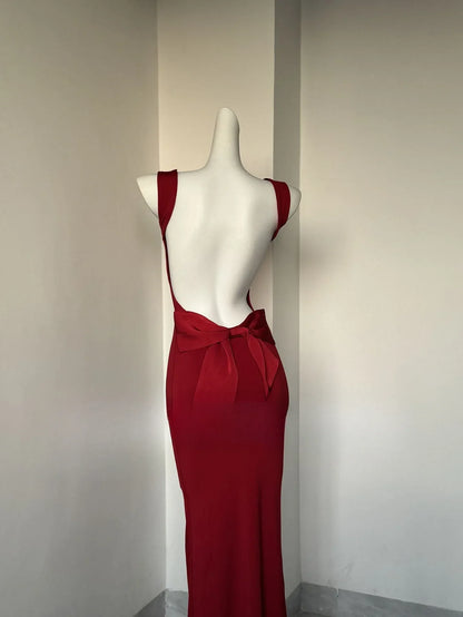 Maxi Elegant Party Dresses 2025 Red Sleeveless Long Dresses Holiday birthday Robe Sexy Clothes for Women with Bow