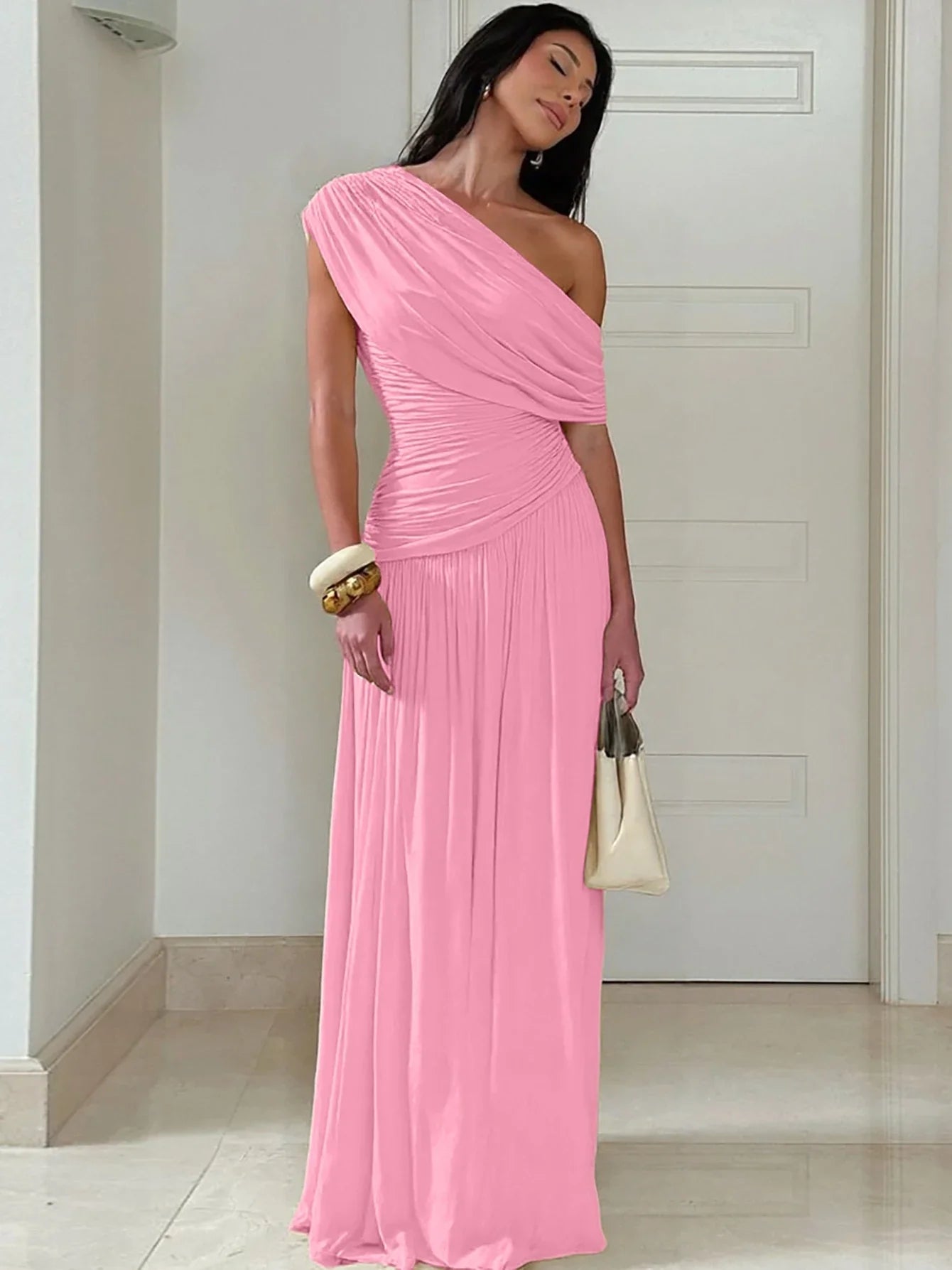 One Shoulder Ruched Sleeveless Solid Pleated Sexy Irregular Y2K Maxi Dress Summer Elegant Party Women Clothes Vacation