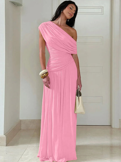 One Shoulder Ruched Sleeveless Solid Pleated Sexy Irregular Y2K Maxi Dress Summer Elegant Party Women Clothes Vacation