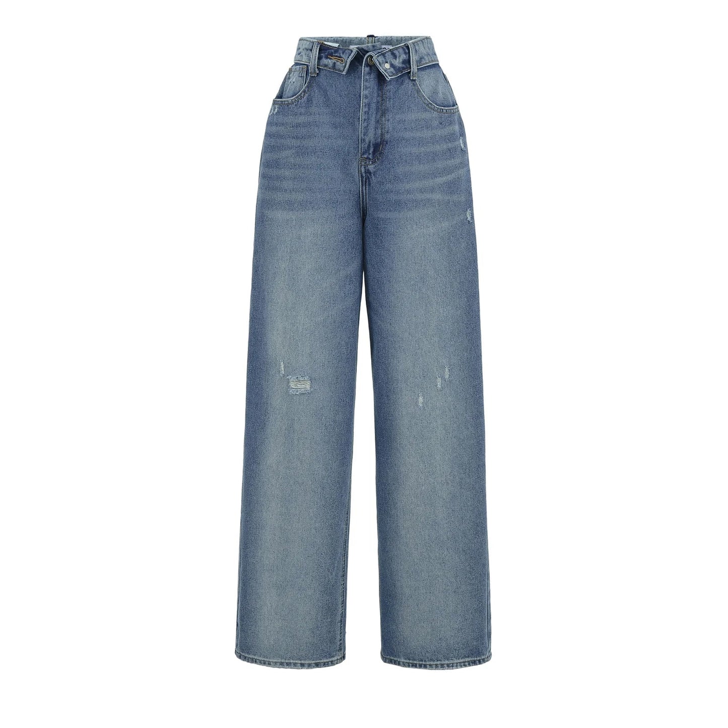 American Retro Cuffed High Waist Slimming Casual Denim Jeans Women's Autumn Versatile Loose Straight Leg Floor-Length Pants