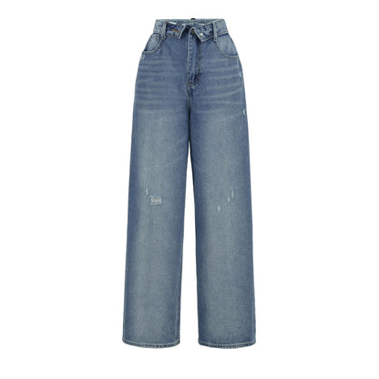 American Retro Cuffed High Waist Slimming Casual Denim Jeans Women's Autumn Versatile Loose Straight Leg Floor-Length Pants