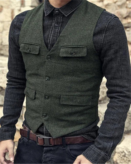 Men Vest V Neck Classic Steampunk Suit Wool Tweed Notch Lapel Thick Tweed For Wedding Groom Banquet Waistcoat