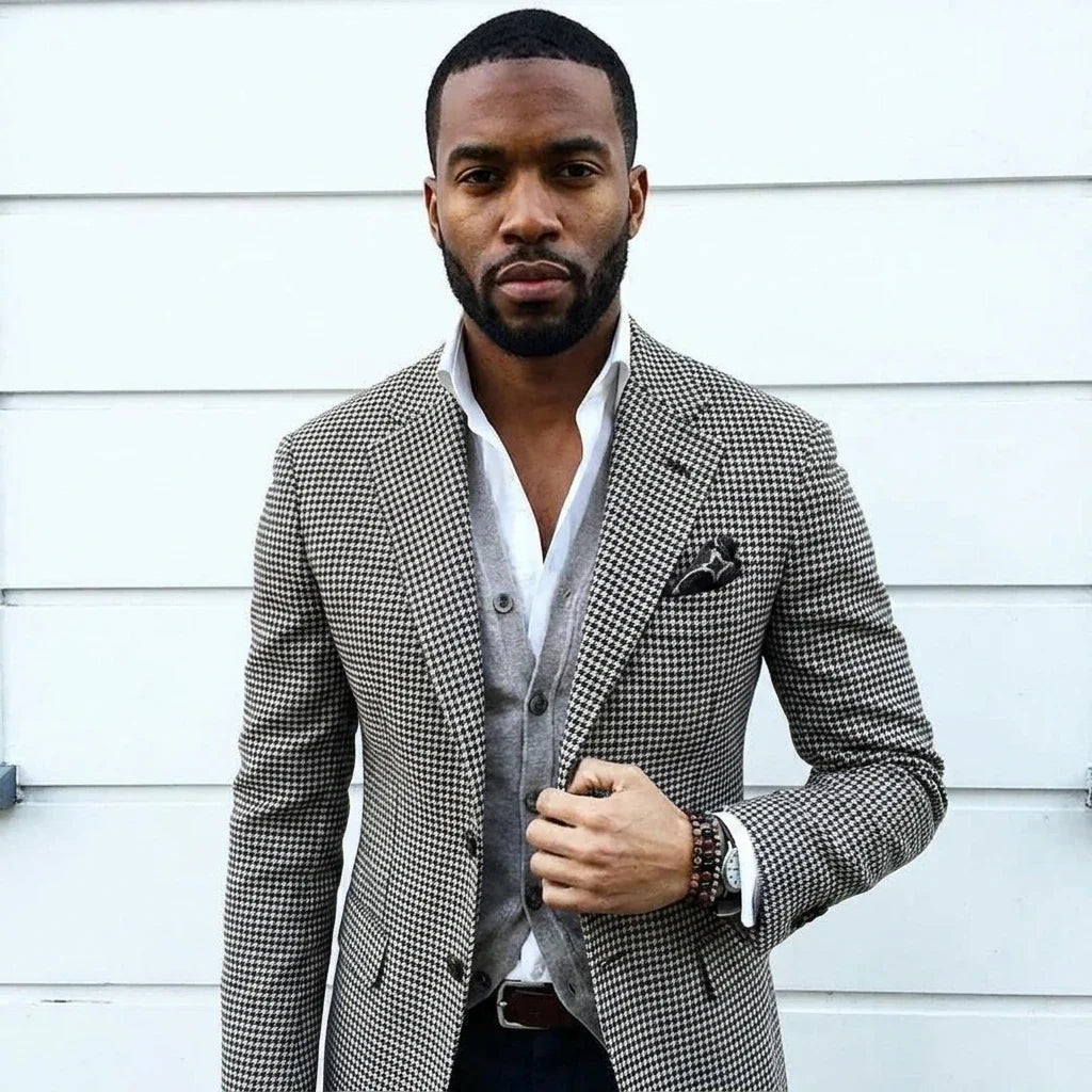 Plaid Suit Jacket for Men 1 Pieces Slim Fit Notched Lapel Houndstooth Wedding Blazer with Two Buttons Stock Classy Male Fashion