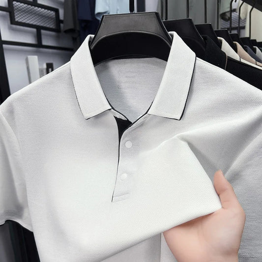 High quality 100% cotton solid color short sleeve polo shirt unique button men summer breathable comfort texture lapel T-shirt