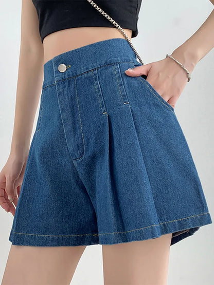 2024 Summer Plus Size Denim Shorts For Women High Elastic Waist Blue Or Sky Blue Pleated Mini Large Size Short Femme