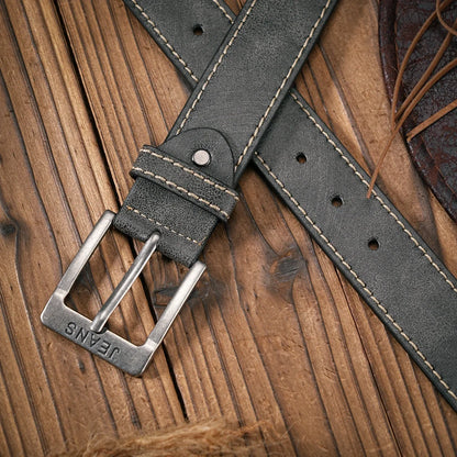 Men - Women - Western Denim - PU Leather - Belt - Vintage Jeans with Carved Buckle Brown Belt