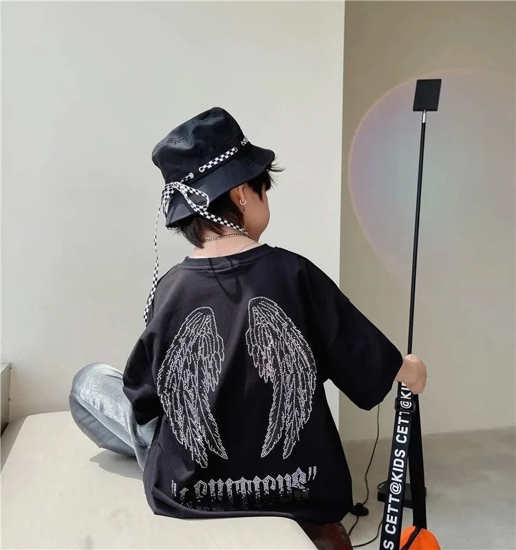 Wings with Rhinestones Trendy Short-sleeve for Kids T-shirt Children Clothes 7 To 14 Years Child 2025 Children's Clothing Korean
