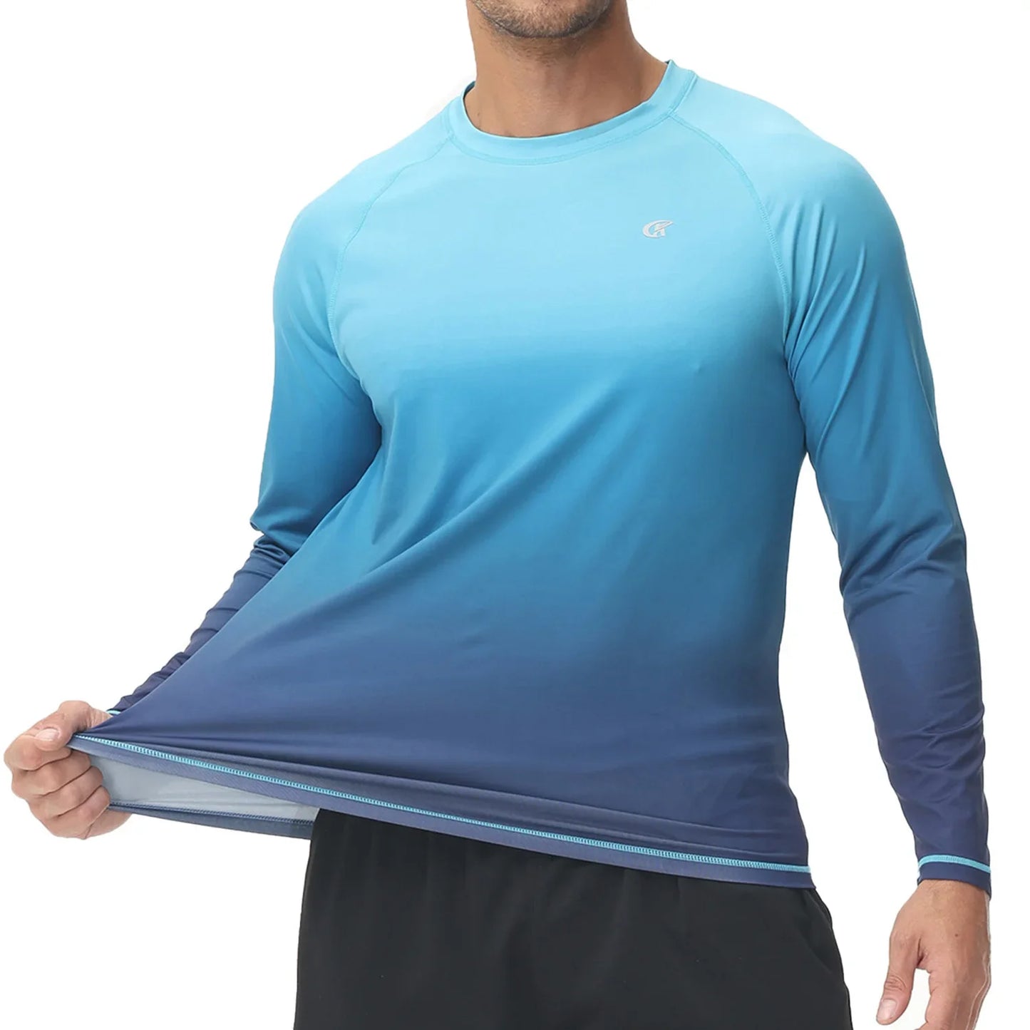 Summer Men's Long Sleeve T-Shirt UPF 50+ Rash Guard Gradient Shirt for Sport Fishing Hiking Workout Outdoor Pullover Shirt