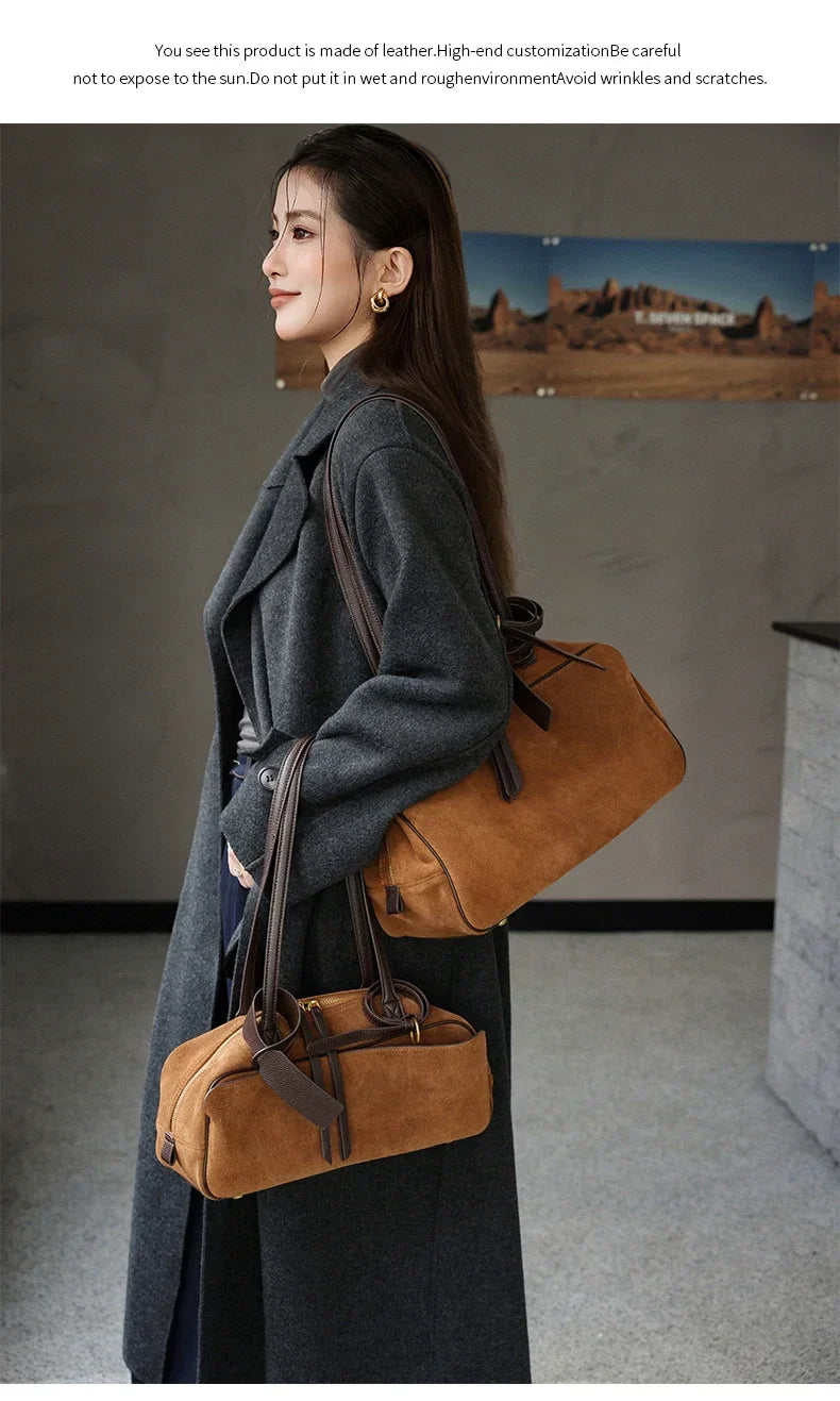 Ladies Casual Soft Suede Cowhide Handbags Women's Frosted Cow Leather Shoulder Bag Female Fashion Trend Luxury Designer Bags New