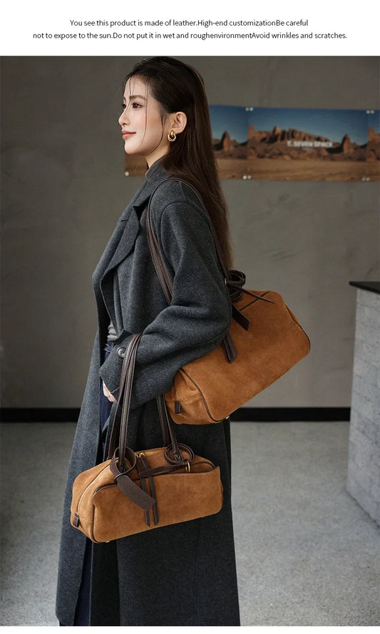 Ladies Casual Soft Suede Cowhide Handbags Women's Frosted Cow Leather Shoulder Bag Female Fashion Trend Luxury Designer Bags New