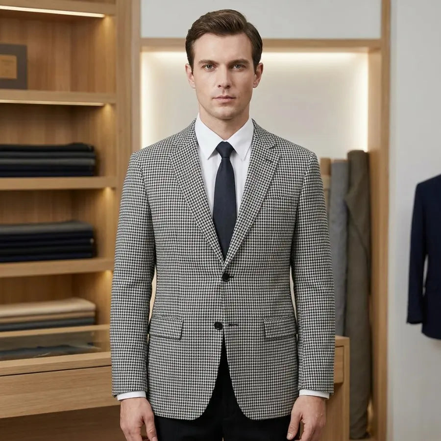 Check Blazer for Men 1 Piece Slim Fit Suit Jacket with 2 Side Slit Houndstooth Plaid Casual Notched Lapel Male Fashion Suit