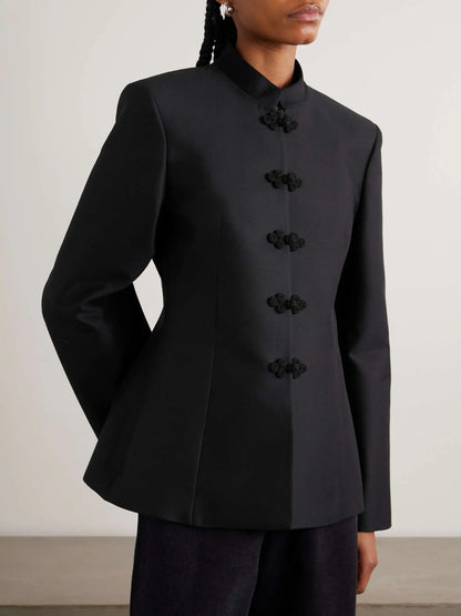 Women's Spring Summer Mandarin Collar Knot Button Fitted Blazer Elegant Office Casual 2026 Trendy Feminine Fashion Coat