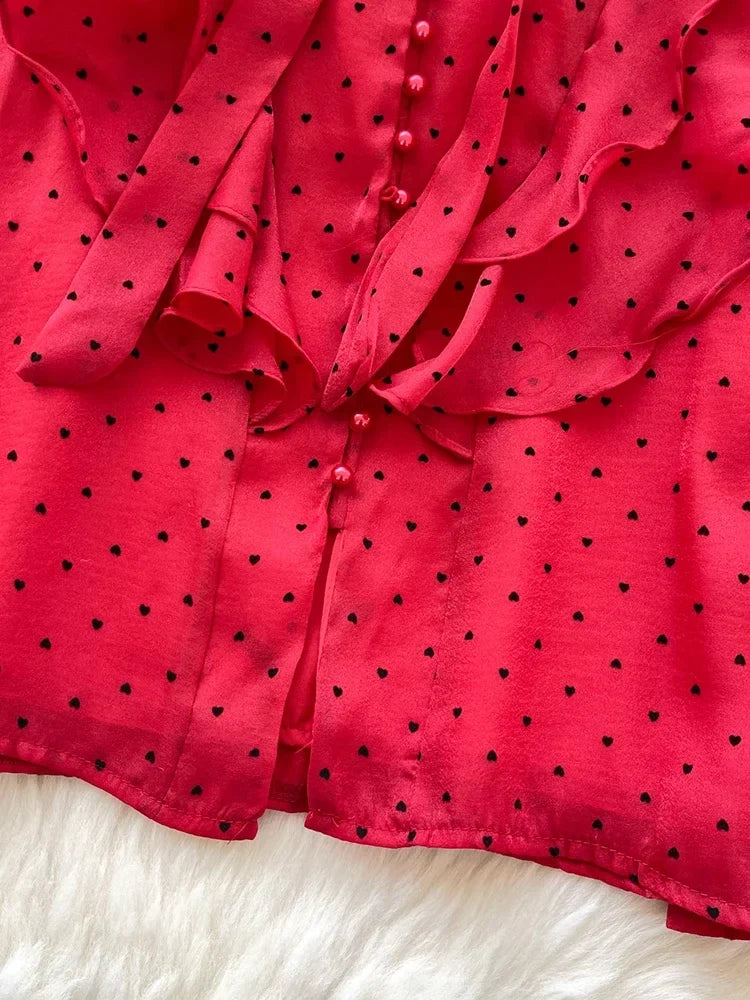 French Sweet Long Sleeved Blouse Women's Clothing Spring Autumn Bow Ruffle Edge Polka Dot Printed Chiffon Shirt Top C42