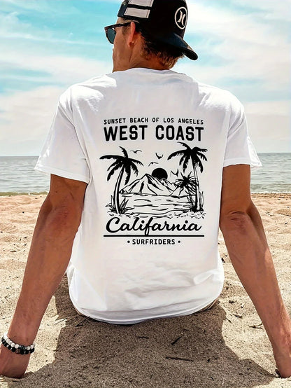 Men's 100% pure cotton casual loose retro California beach surfing pattern printed round neck short sleeved T-shirt top