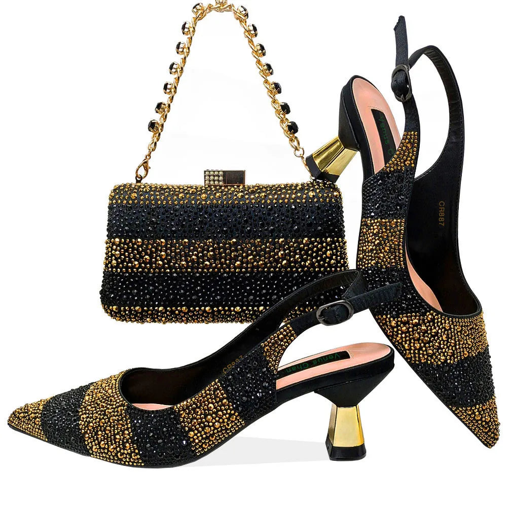 2024 Hot Selling INS Pointed-Toe Luxury Style High Heels Sandal With Bag Set in Gold Color For Wedding Party Women
