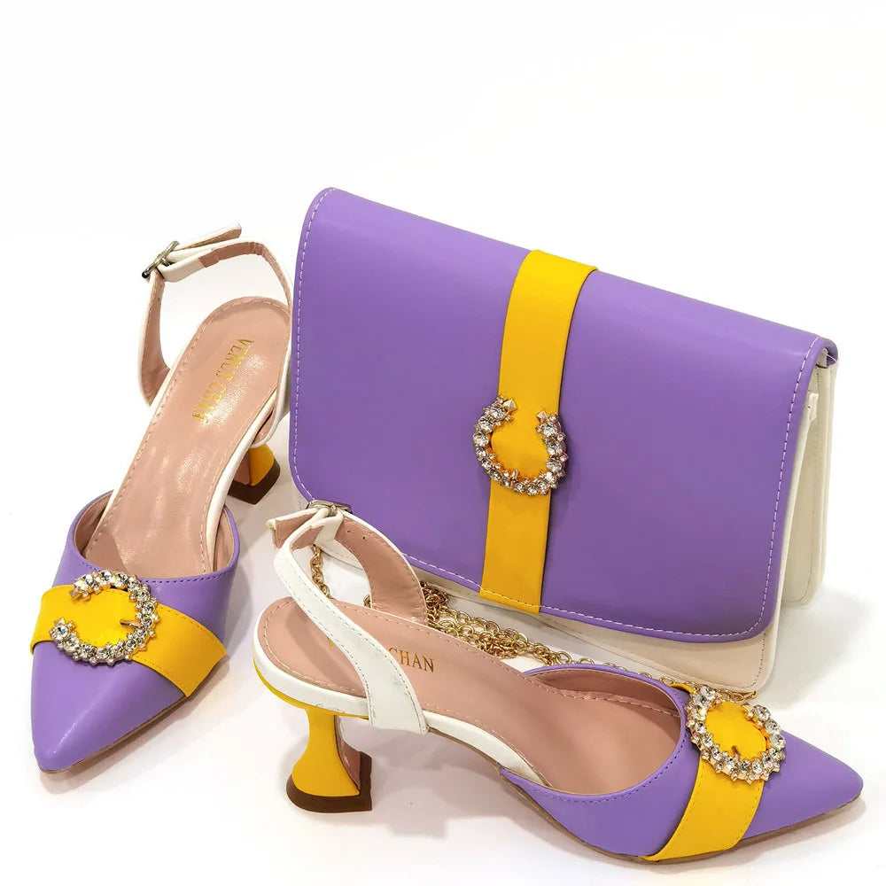 2022 Italian Design Leather Colorblock Pointed Toe High Heel Women's Sandals Fashion Everyday Matching Shoes and Bag Sets