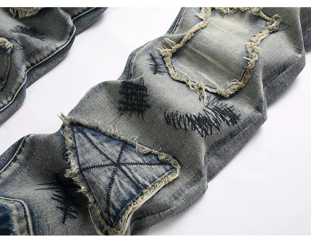 Men's Boot Cut Jeans Streetwear Patches Released Hem Pants Vintage Blue Embroidery Patchwork Flared Trousers