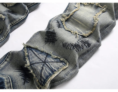 Men's Boot Cut Jeans Streetwear Patches Released Hem Pants Vintage Blue Embroidery Patchwork Flared Trousers