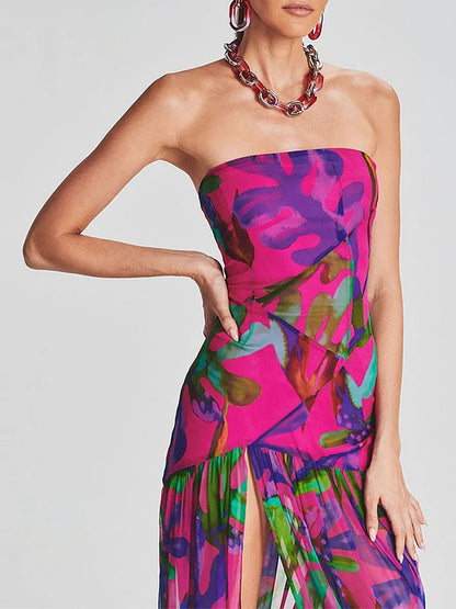 Women Tube Top Dress Slim Strapless Backless Mesh Patchwork Tropical Print High Slit Long Dress for Party Club Night