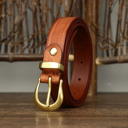 2.4 CM Pure Cowhide Genuine Leather Ladies High Quality Jeans Brass Buckle Belts Cowboy Fashion Designer Belts for Women luxury
