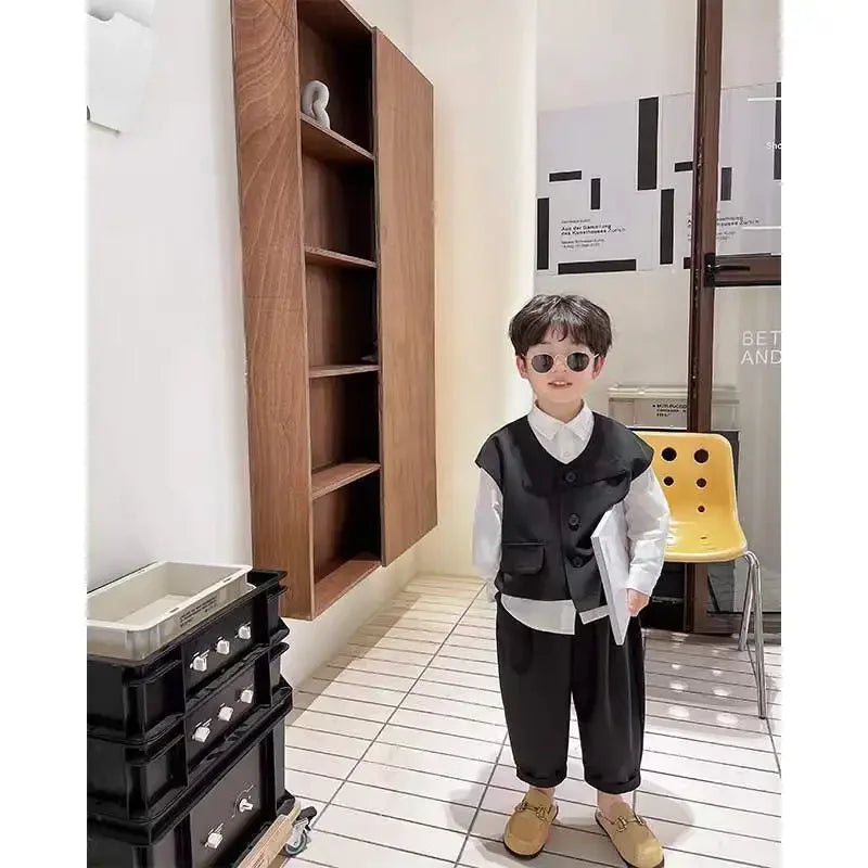 Boys' Autumn Set Trendy and Cool Children's Autumn Wear Boys and Babies Handsome Casual Suit Vest Three Piece Set New