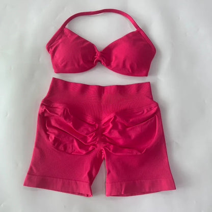 NO LOGO 2PCS Gym Set Women Strappy Yoga Bra Top High Waist Workout Scrunch Shorts Sports Suit Seamless Yoga Set Fitness Clothes