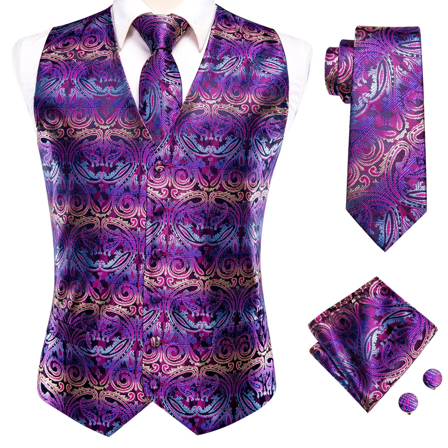 Brand New Mens Suit Dress Vests Necktie Hankerchief Cufflinks Set Silk Slim Fit Male Waistcoat Jacquard Waist Jacket Gilet Homme