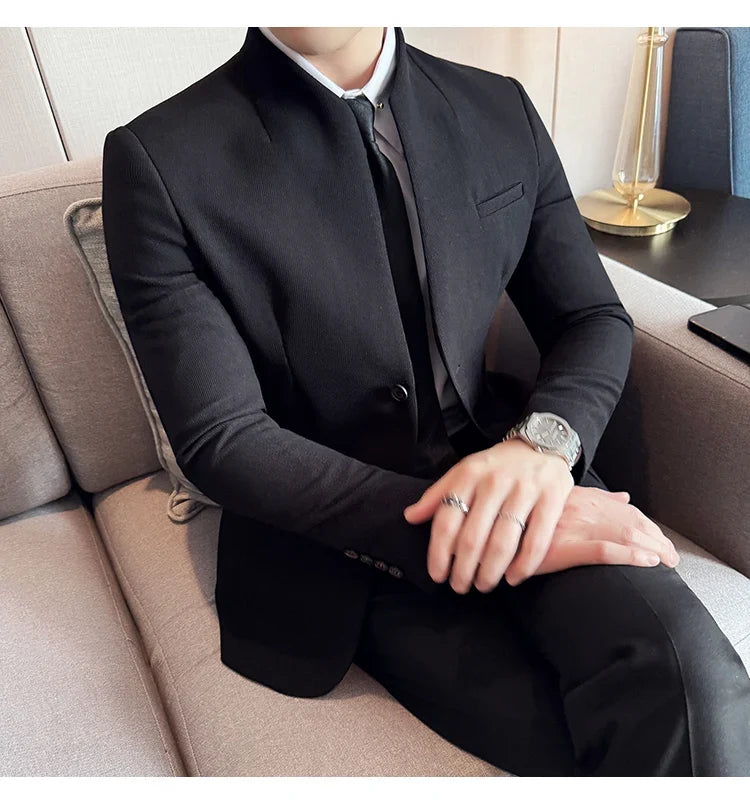 New Waffle Chinese Stand-Up Collar Blazers Men Slim Fit Business Casual Fashion Suits Jacket Formal Social Prom Party Tuxedos