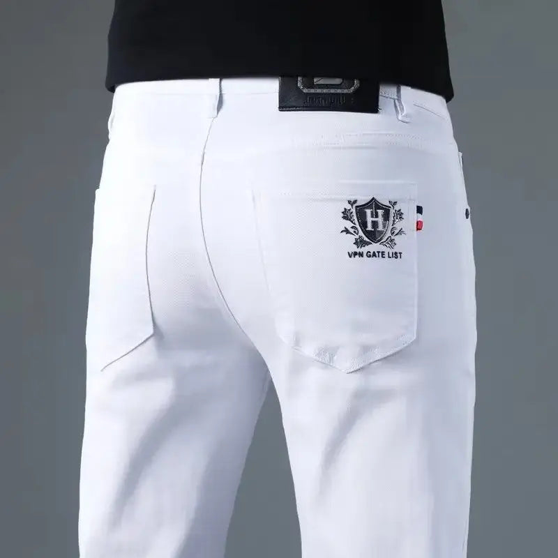 Korean Man Designer Clothes 2025 White Jeans Men Spring Autumn Printed Students Slim Stretch Pencil Pants Workwear Long Trousers