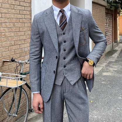 New Retro Herringbone Slim Fit Men's Suit Gentlemen's 3-piece Suit Single Breasted Handsome Autumn Winter Business Casual Formal