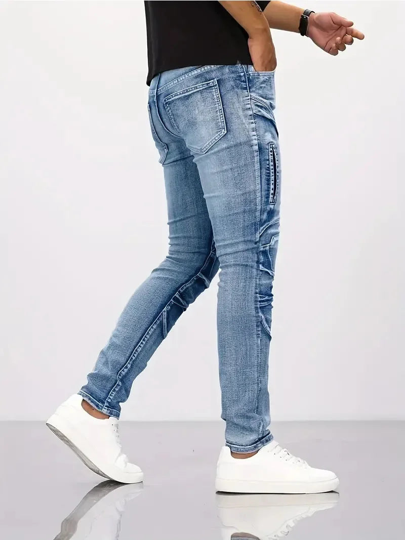 Two tone distressed patchwork jeans for men trendy jeans for summer thin straight leg pants slim fit small leg distressed jeans
