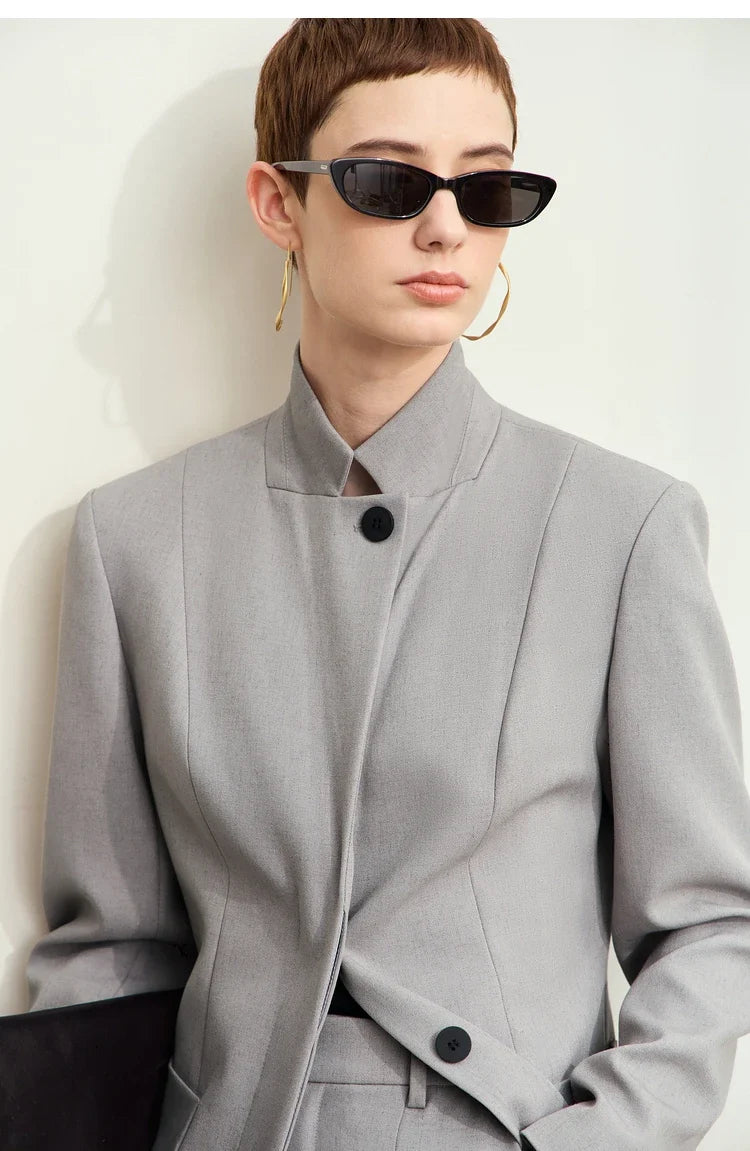 Minimalism 2024 Autumn Jackets for Women New Stand Collar Slim Female Vintage Quality Shoulder Pad Tailored Coat 12443066