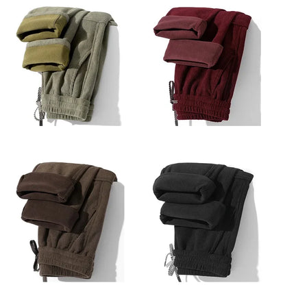 2026 New in Winter Corduroy Pants Men Straight Wide Leg Cargo Trouser Male Elastic Waist Loose Fit Thick Brown Warm Fleece Plush