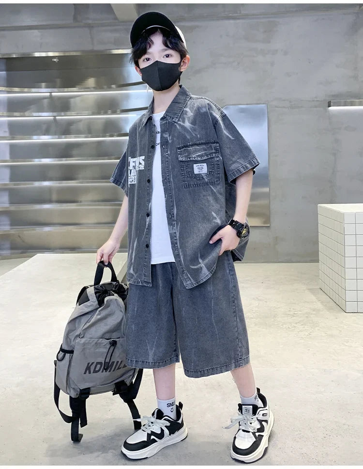 Cool Summer Set for Boys Denim Top and Bottom Set Kids Child Short Sleeve Shirt And Shorts 2 Pieces Outfits Suit Age 5-14 Years