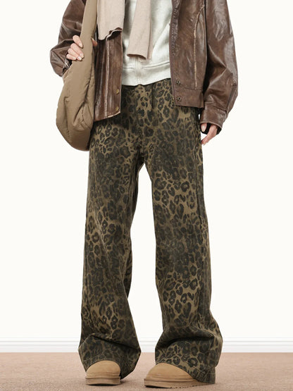 American Style Leopard Wash Jeans Women Y2K Retro Street Hot Girl Loose Casual Pants High Waist Straight Leg Jeans
