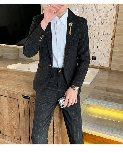 Autumn 2024 Men's Slim Fit Checkered Two-Piece Suit Korean Style Handsome Fashion Suit And Trousers Set