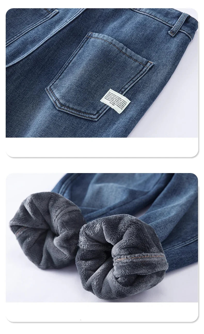 Winter Dark Blue Fleece Jeans for Men Black Loose Straight Casual Trendy Comfortable Versatile Youth Thickened Harem Pants Blue