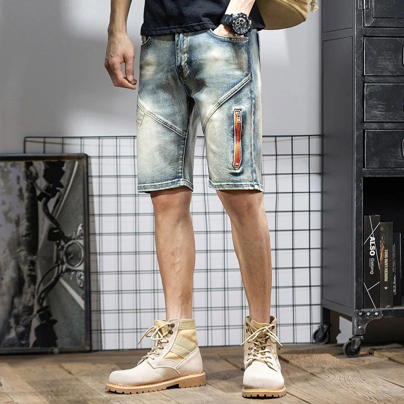 Summer Men's Denim Shorts Retro Motorcycle Elastic Cotton Fashion Knee Length Short Jeans Zipper Hip Hop Rock Streetwear
