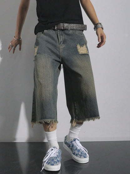 Men's Loose Ripped Denim Jeans 7 Point Calf Length Wide Leg Trousers Distressed Holes Frayed Hem Streetwear Casual Pants