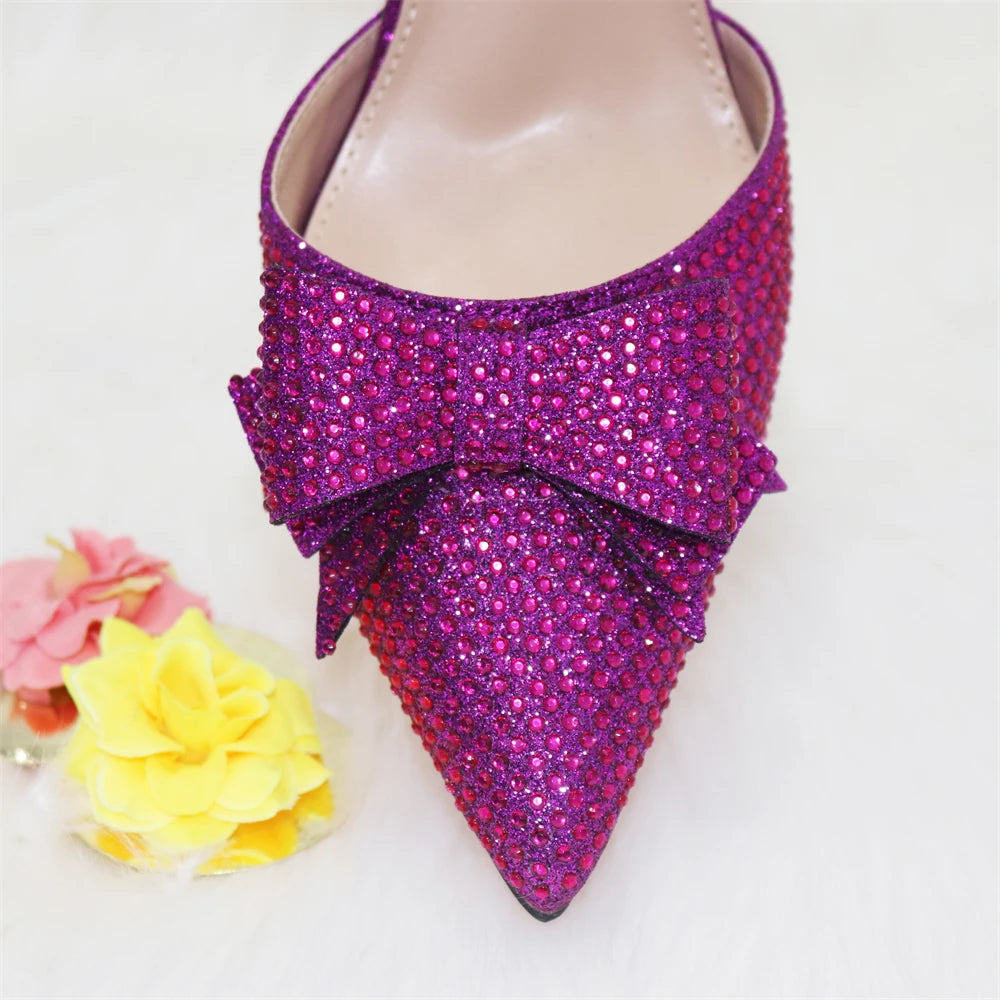 Bridal High Heels for Women 2023 Pointed Toe With Bows Gold Color Rhinestone  Elegant Party Wedding Shoe and Bag Set
