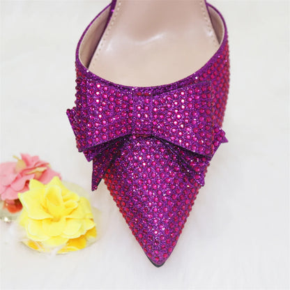 Bridal High Heels for Women 2023 Pointed Toe With Bows Gold Color Rhinestone  Elegant Party Wedding Shoe and Bag Set