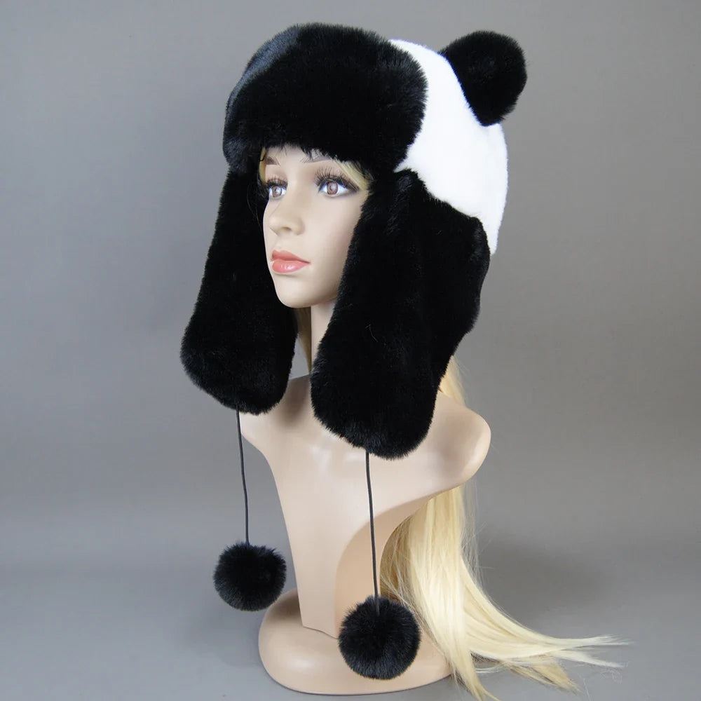 Hot Sale New Women False Rex  Rabbit False Fur Hat Winter Warm Fur Hat Black and White Panda Cute Color Artificial Hat