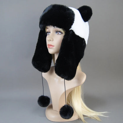 Hot Sale New Women False Rex  Rabbit False Fur Hat Winter Warm Fur Hat Black and White Panda Cute Color Artificial Hat