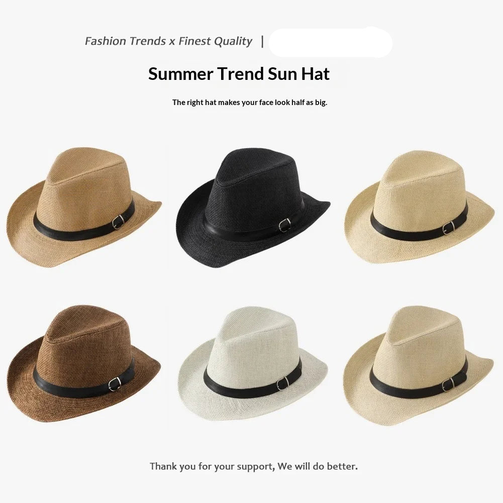 1pc Big Head Straw Fedoras Hat for Men Women Summer Trendy Beach Sun Hats Solid Color Straw Ribbon Casual Cowboy Jazz Caps