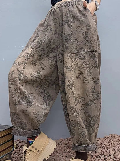 2025 Floral Spring Ladies Printed Classic Elegant Harem Pants Casual Fashion Jeans Vintage Loose Women Denim Trousers