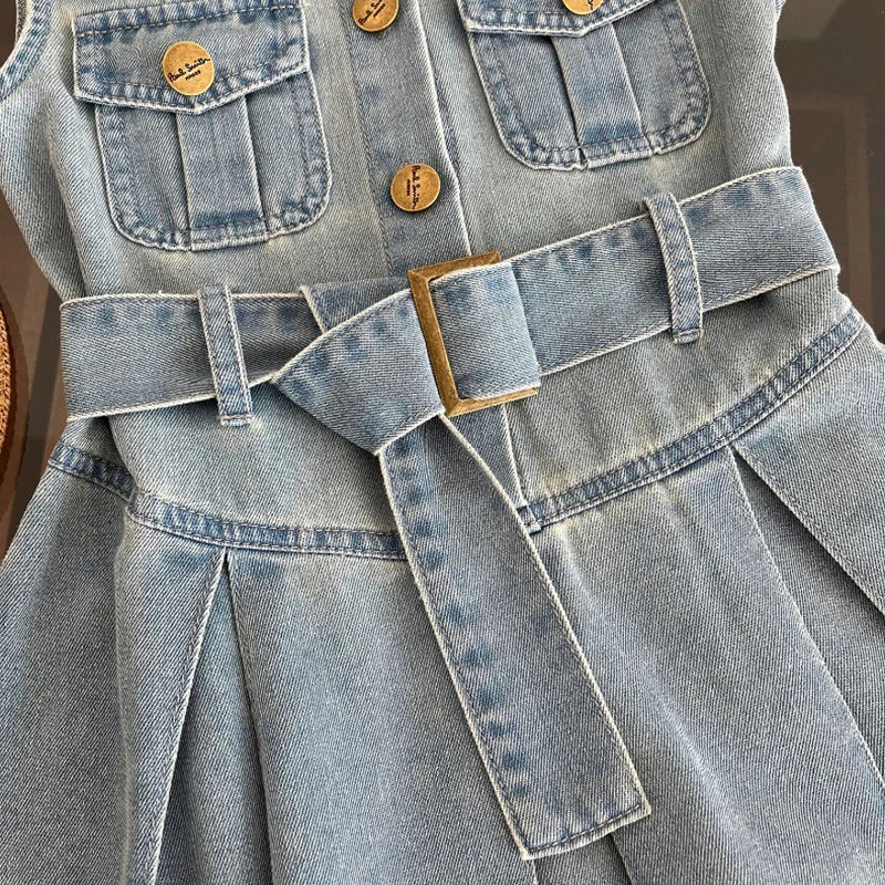 Summer New Girls Denim Dress Belt Decoration Lapel Collar Sleeveless Tutu Princess Dress For 2 -10 Years Kids Fashion Dress