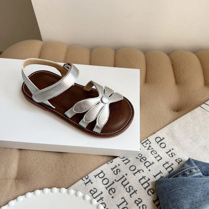 Girl's Sandals Hollow-out Solid Fashion Color Flower Leather Kids Sliders Open Toe Light Sweet Hook-loop Summer Children Shoe